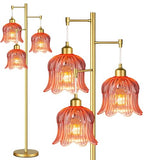QIYIZM Pink Floor Lamp for Living Room,Bedroom,Gold Mid Century Modern Standing Lamp Brass Tree 3 Light Tall Floor Lamps Floor Lights Glass Flower Lamp Shade Girls Kids Boho Bohemian - size: 24-Floor Lamp