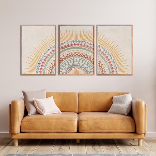 HPINUB Boho Sun Framed Canvas Wall Art Set, Mid-Century Modern Wall Decor, Minimalism Bohemian Wall Painting, Abstract Geometric Pattern Art Print for Living Room, Bedroom, Office - 16"x24"x3 - color: Boho Sun Wall Art, size: 16"L x 24"W