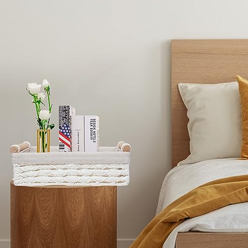 Storage Basket Wicker Baskets for Organizing with Handle Decorative Storage Bins for Countertop Toilet Paper Storage Basket for Toilet Tank Top Small Baskets Set (Set of 2,White) - color: white