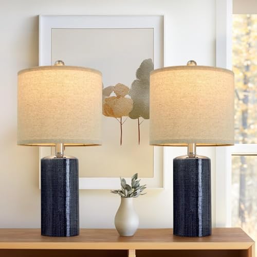 G-SAFAVA 20.25" Small Table Lamps Set of 2 Modern Ceramic Lamps for Living Room Farmhouse Bedside Lamps Boho for Night Stands Bedroom Lamps Side Table Lamps End Table Lamps, Blue - color: Blue