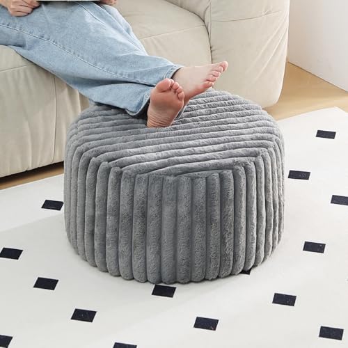 Tiita Round Stuffed Pouf Ottoman, Stripe Faux Fur Poufs with Foam Chunk Filling, Furry and Fluffy Pouf 21×21×12 inch Foot Stool Storage Ottoman,Puff Office Foot Rest for Couch Living Room, Grey - color: Striped Round Grey