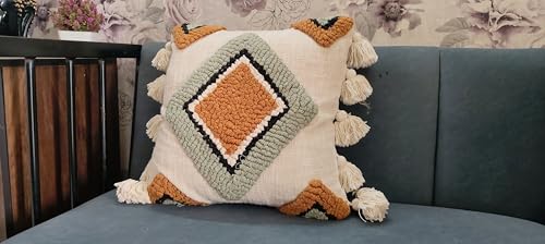 Boho Decorative Throw Pillow Cover, Cream, Tufted Diamond Pattern with Tassels, Square, Bohemian Style