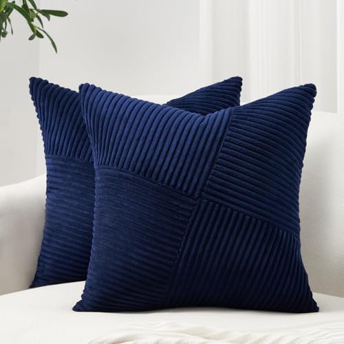 Topfinel Blue Throw Pillow Covers 20x20 Inch Soft Corduroy Decorative Pillow Covers Boho Stripe Textured Patchwork Fall House Decor Cushion Cases for Couch Sofa Bed,Blue - color: Blue, size: 20" x 20" (Pack of 2)