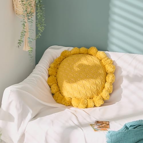 Acrylic Knitted Round Throw Pillow Knitting Bohemian Circular Cushion Pillow with Knit Handmade Pompoms Decorative Ginger Yellow, Diameter 18inches - color: Ginger Yellow