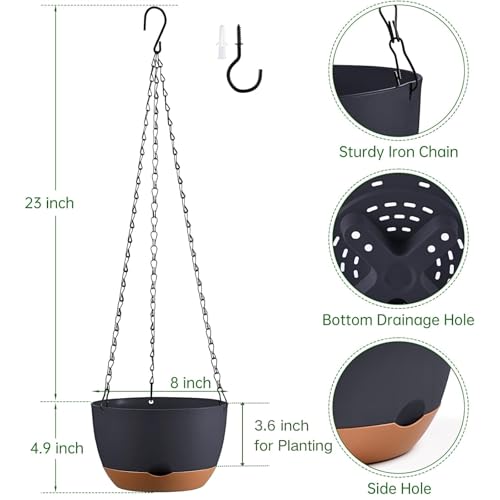 Set of 2 Hanging Planters for Indoor Outdoor Plants, 8 Inch Self-Watering Hanging Flower Pots with Drainage Hole & Removable Water-Storage Tray (Hooks) - color: Dark Grey, size: 8 Inch (S)