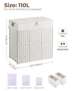 Greenstell Laundry Hamper with lid, No Install Needed, 110L Wicker Laundry Baskets Foldable 2 Removable Liner Bags, 2 Section Clothes Hamper Handwoven Rattan Laundry Basket with Handles, White - color: White