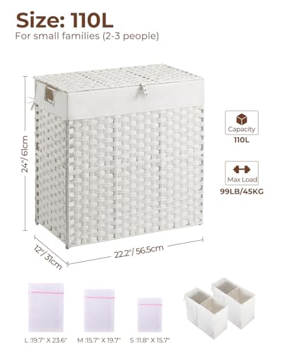 Greenstell Laundry Hamper with lid, No Install Needed, 110L Wicker Laundry Baskets Foldable 2 Removable Liner Bags, 2 Section Clothes Hamper Handwoven Rattan Laundry Basket with Handles, White - color: White