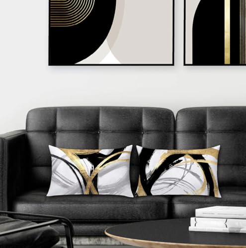 Black White and Gold Pillow Covers, Abstract Black and Gold Pillow Covers 16x24 Set of 2, Modern Boho Home Decor, Black and Gold Decorative Throw Pillows Cover for Couch Living Room Bedroom - color: Black White and Gold, size: 24" x 16" (Pack of 1)