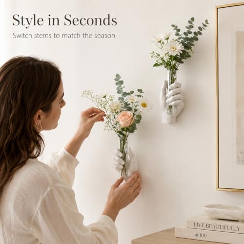2Pcs Wall Hand Vase,Vintage Art Decor,Life-Size Hand Sculpture with Glass Test Tube Vase,Unique Wall Art Statue for Indoor or Outdoor,Maximalist Boho Whimsical Decor,for Women (2, White) - color: White