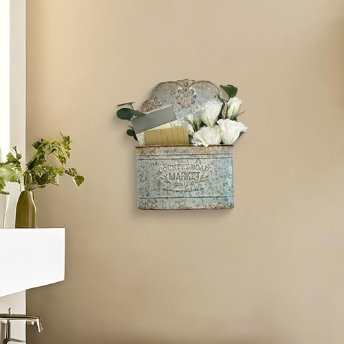 Hanging Wall Storage Baskets, Metal Hanging Baskets for Mail, Files, Books, Flowers & Accessories, Rustic Wall-Mounted Organizer for Entryway, Kitchen, Office, French Farmhouse Decor(Grey) - color: Blue