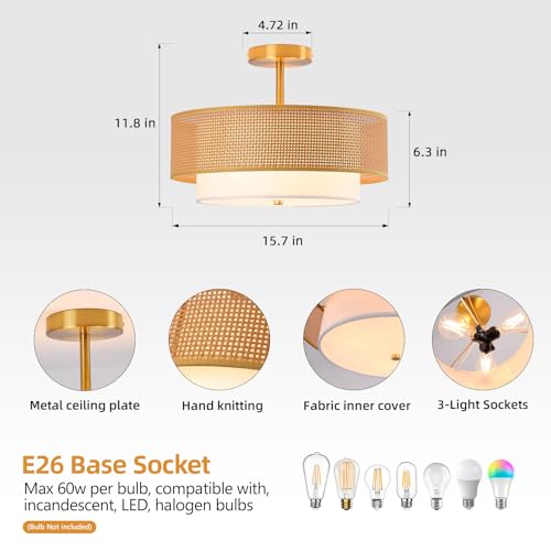 15.7" Semi-Recessed 3-Light Ceiling Light with Boho-Style Faux Rattan Shade, Gold Double-Layer Circular Design, UL-Listed for Bedroom, Kitchen, Living Room, Dining & Entryway - color: 15.7'' Rattan&Fabric Gold