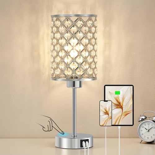 GyroVu Crystal Touch Table Lamp for Bedroom, Silver Desk Lamp with USB-C & USB-A Ports, Dimmable Modern Bedside Lamp for Nightstand, Living Room & Home Office - LED Bulb Included - color: Silver-1, size: 14.75"