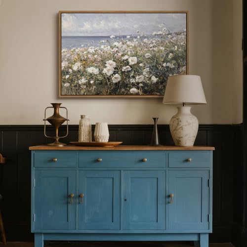 Framed Landscape Wall Art Blue Ocean Theme White Flower Pictures Wall Decor Abstract Floral Painting Prints Modern Seascape Artwork for Living Room Bedroom Bathroom Home Office Decoration, 16''x24'' - color: Blue Ocean White Flower, size: 24"L x 16"W
