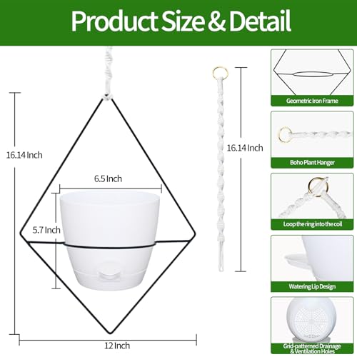 Koalaime Hanging Planters for Indoor Plants, 2 Set Self Watering Hanging Flower Pots, Modern Hanging Plant Baskets with Metal Plant Holder & 6.5 Inch Plastic Pots for Garden Home Decor (White) - color: Black Frame White Pot