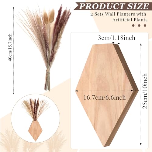 2 Pcs Bohemian Wooden Wall Planter Set with Pampas Grass Modern Farmhouse Wall Decor for Living Room, Bathroom, Bedroom, Office(Original Wood Color,Regular Style) - color: Original Wood Color, style: Regular Style