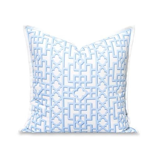 Hofdeco Premium Grandmillennial Coastal Hampton Patio Indoor Outdoor Throw Pillow Cover Only, 20"x20" Water Repellent for Backyard, Couch, Poolside, Baby Blue Print Fretwork Trellised Screen - color: Baby Blue Fretwork Trellised Screen 20"x20"