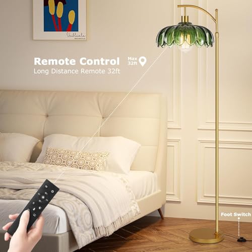 QIYIZM Glass Floor Lamp for Living Room,Bedroom,Gold Dimmable Standing Lamp with Remote,Mid Century Modern Brass Tall Lamp Boho Vintage Retro Floor Lamps Arc Green Flower Floor Light Lamp Bohemian - size: 02-Floor Lamp