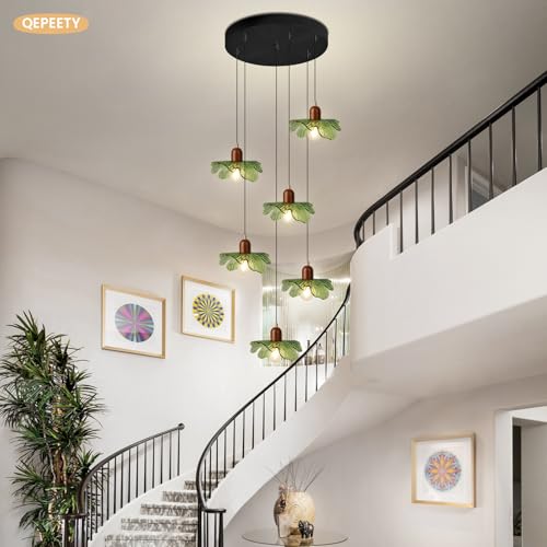 Long Chandelier for High Ceilings Flower Pendant Light 6-Lights Modern Black Chandelier Green Hanging Flush Mount Lighting Fixtures for Spiral Staircase Foyer Entryway Living - color: Green, 6 Lights