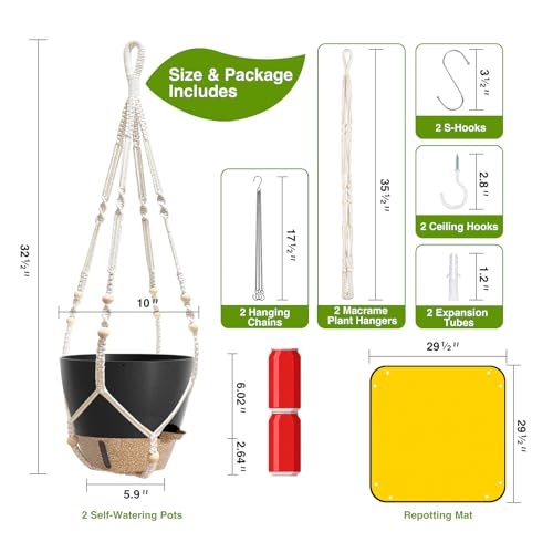 LEWESU Set of 2 Hanging Planters for Indoor Plants with Self Watering Includes Hanging Pots and 2 Types Plant Hangers, Outdoor Hanging Baskets Holder for Home Garden, 10 Inch Midnight Black - color: Midnight Black