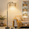 Rattan Floor Lamp, Dimmable Boho Floor Lamp, Farmhouse Arc Standing Lamp with Adjustable Rattan & Fabric Shades, Modern Lamp Tall Lamp for Living Room Bedroom Office Reading Room, Bulb Included - color: Black with rattan shade