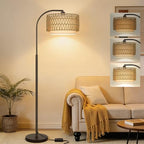 Rattan Floor Lamp, Dimmable Boho Floor Lamp, Farmhouse Arc Standing Lamp with Adjustable Rattan & Fabric Shades, Modern Lamp Tall Lamp for Living Room Bedroom Office Reading Room, Bulb Included - color: Black with rattan shade