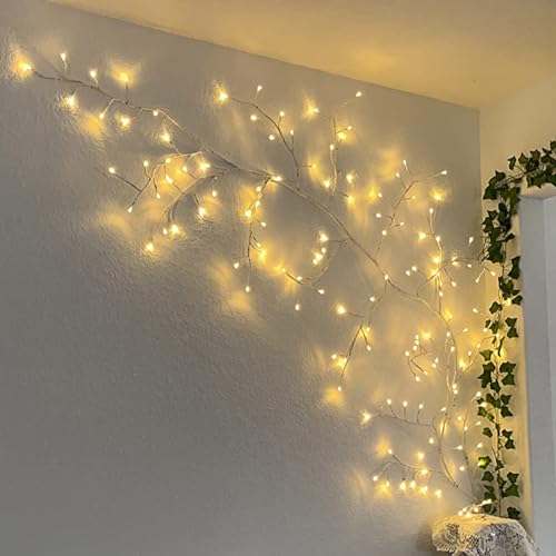Lighted Willow Vine for Bedroom: 144 LED Lights Brown Tree Branches with Warm White Flexible Artificial Indoor Decorative Light for Living Room Wall Aesthetic Cottagecore - color: 144 LED lights, white vine, without remote control