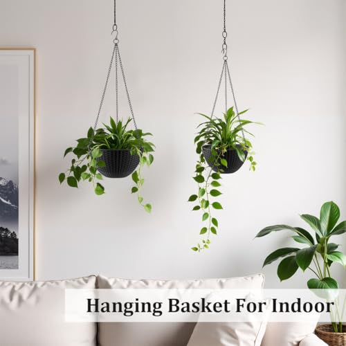 RooTrimmer Hanging Planters for Indoor Outdoor Plants 8 and 10 Inch, 4 Packs Hanging Flower Pot with Drainage Holes, Self-Watering Hanging Basket Perfect for Home, Office and Garden, Black - color: Black, size: 2p*8"+2p*10"