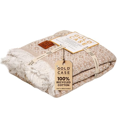 Gold Case Throw Blanket for Couch - 100% Recycled Turkish Cotton Blankets & Throws - Retro Soft Throw Blankets for Living Room - Boho Decorative Woven Couch Blanket - 60x80 - Beige - color: Retro Beige, size: 60x80"