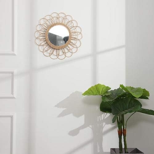 Hanging Mirror - Rattan Sunflower Circular Wall Mirror, Decor Bathroom Boho Nordic Wicker Dressing Makeup Mirrors for Inodoor Home Office Living Room Hallway (15.75inch)