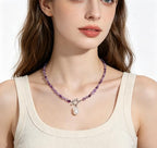 Beaded Necklaces for Women with Baroque Pearl, Turquoise Amethyst Lapis lazuli Tiger Eye Handmade Boho Bead Choker Necklace, Natural Stone Summer Jewelry Birthday Mother Gift for Women - color: Amethyst