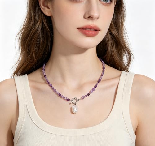 Beaded Necklaces for Women with Baroque Pearl, Turquoise Amethyst Lapis lazuli Tiger Eye Handmade Boho Bead Choker Necklace, Natural Stone Summer Jewelry Birthday Mother Gift for Women - color: Amethyst