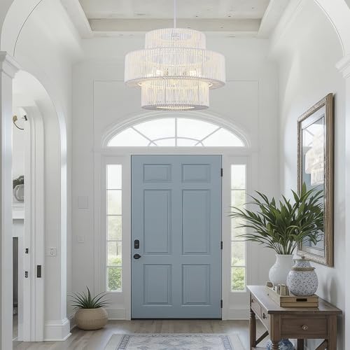 22" Farmhouse Rattan Chandeliers Large White Boho Light Fixtures for Dining Room Kitchen Island Living Room Foyer Hallway 5-Light - color: White, size: 22 Inch