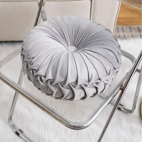 MOCOFO Round Velvet Throw Pillow, Pumpkin Shape Decorative Floor Cushion, Handcrafted Pleated Design, 14 and 16 Inch Diameter, Multiple Colors, Polyester Fill (Light Grey, 16") - color: Light Grey, size: 16"