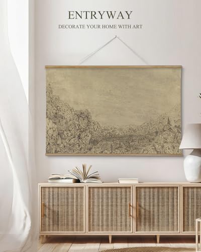 ARPEOTCY Extra Large Vintage Framed Wall Art, 36x54 Inch Sketch Valley Mountain Landscape Hanging Canvas Prints, Scroll Wall Decor for Living Room Bedroom, Retro Scenery Pictures Above of Bed - color: Sketch the Valley