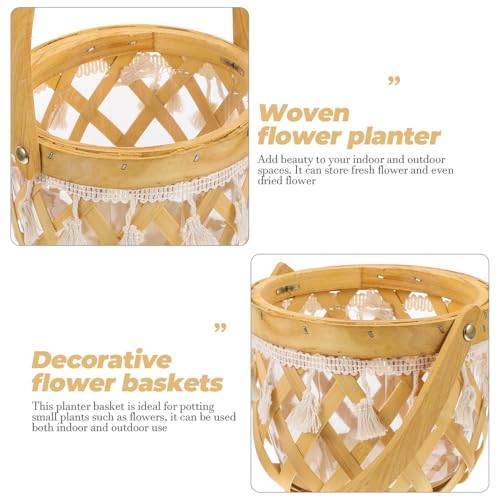 TOYANDONA Woven Flower Display Basket with Handle, Handcrafted Hollow Round Wood Strip Planter for Indoor Plant Pots and Decorative Storage in Pastoral Style