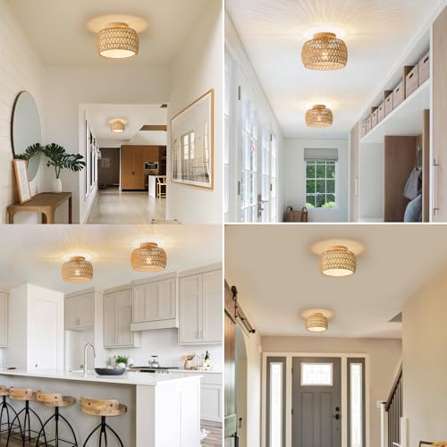 2 Packs Boho Rattan Flush Mount Ceiling Lights 12 Inch Farmhouse Ceiling Light Fixtures Rustic Wicker Hand Woven Rope Cage for Dining Room Kitchen Bedroom Foyer Hallway Entryway - size: 12 Inch 2 Packs