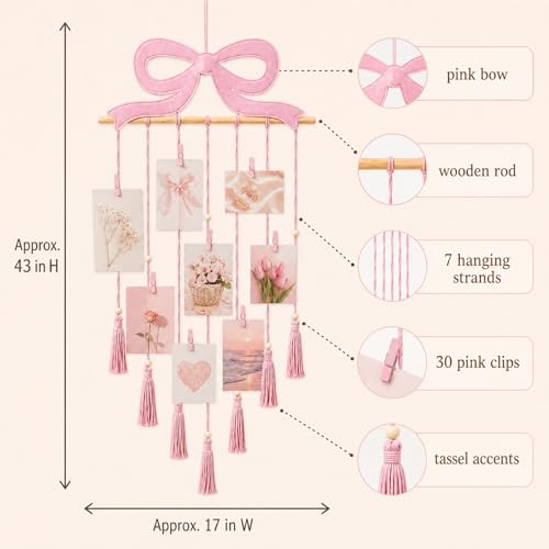 Pink Bow Hanging Photo Display Pink Bow Wall Decor Macrame Wall Hanging Coquette Picture Holder with 30 Clips for Teenage Girl Gift Room Decor Bedroom Graduation Wedding Coquette Party - color: Pink, style: Pink Bow