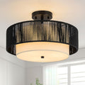 SineRise 16'' Rattan Flush Mount Ceiling Light Fixture,2-Tier Drum Hand-Woven Boho Flush Mount Ceiling Light,Farmhouse Light Fixture for Living Room,Kitchen,Bedroom Foyer Entryway ect.（Black） - color: Black, size: Large Ceiling