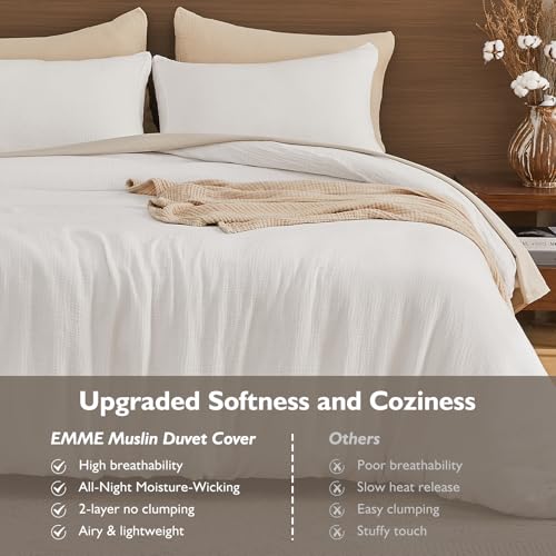 EMME Cream White Muslin Duvet Cover Queen Size, 100% Cotton Soft Gauze Bedding Set with 2 Pillowcases, Breathable Lightweight All Season Comforter Cover with Zipper & Corner Ties, 90"x90" - color: 01 - Cream White, size: Queen(90"×90")