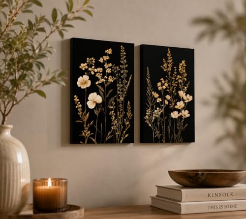 2Psc Dark Botanical Wall Art Vintage Black Flower Painting Picture Wall Decor Moody Flower Poster Print Artwork for Living Room Bedroom or Office Home Decoration 12x16 Inch - color: Retro Flowers 7, size: 16"L x 12"W