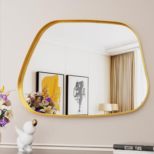 Irregular Wall Mirror 22"x30" Bathroom Mirrors Asymmetrical Artistic Decorative for Living Room Bedroom Bathroom Hallway Entryway,Trapezoid,Gold - color: Gold, size: 30"L x 22"W