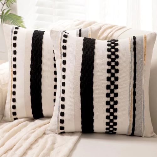 Boho Throw Pillow Covers 18x18 Set of 2 Farmhouse Decorative Cushion Case Striped Square Pillows Cover Chenille Pillow Cases Accent Neutral Pillowcase for Sofa Couch Bed,Black - color: Black Stripe 1