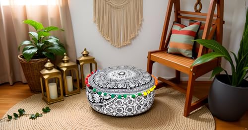 INDIAN CRAFT CASTLE ICC Black Elephant Mandala Barmeri Large Floor Pillow Cover Cushion Meditation Seating Ottoman Throw Cover Hippie Decorative Zipped Bohemian Pouf Ottoman Cases 16" Round - color: Black and White, size: 16"D x 16"W x 5"H