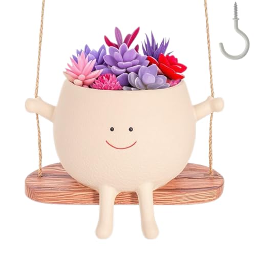 Swing Face Hanging Planter Pot with Drainage Hole - Resin Smiley Flower Pot for Indoor/Outdoor, Pearl Plants & Succulents, for Mothers, Holiday Décor