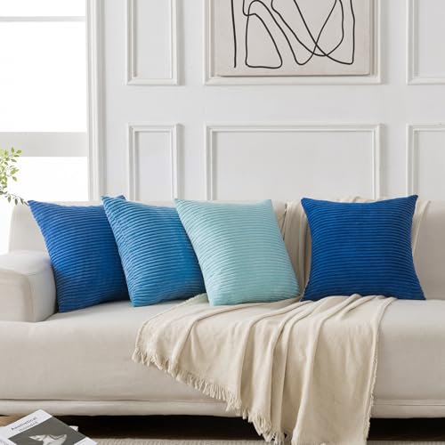 Volcanics Set of 4 Light Blue Corduroy Decorative Couch Throw Pillow Covers 18x18 Inch, Soft Modern Boho Striped Accent Cushion Cases for Beach, Patio, Balcony, Summer Gradient Shams Home Decor - color: Light Blue, size: 18" x 18" (Pack of 4)
