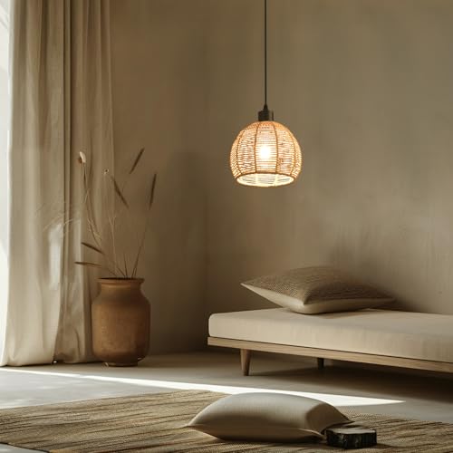 Woven Pendant Light Boho Chandelier, Rattan Pendant Lights Kitchen Island, Farmhouse Pendant Lighting with Hand Woven Wicker Shade, Boho Chandelier Light Fixtures Ceiling Hanging Light - color: 7.87" Rattan 2 Pack