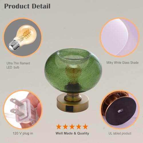 Mid Century Glass Table Lamp,Dimmable Desk Lamp,LED Bulb Included,Touch Control & USB A+C Port,Green Seeded Glass - color: Green Seeded, size: USB + Touch
