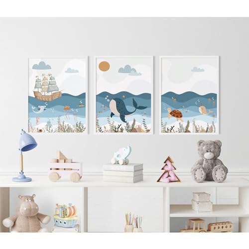 Ocean Nursery Wall Art Pictures Blue Nautical Canvas Art Beach Animal Wall Decor Baby Boys Room Wall Art Sea Whale Prints Ocean Nautical Poster for Nursery Baby Room 12x16 Inch Set of 3 Unframed - color: Ocean Nursery Prints, size: 12x16 Inch Unframed