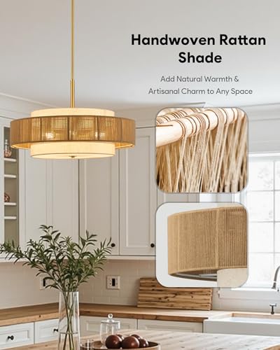 VONLUCE 23.6" Boho Rattan Chandelier, 6-Light Drum Chandelier with 3-Tier Woven Lampshade, Rattan Ceiling Light for Dining Room Bedroom Living Room with E26 Sockets, Gold Finish, ETL Certified - color: Gold, size: 24inch