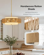 VONLUCE 23.6" Boho Rattan Chandelier, 6-Light Drum Chandelier with 3-Tier Woven Lampshade, Rattan Ceiling Light for Dining Room Bedroom Living Room with E26 Sockets, Gold Finish, ETL Certified - color: Gold, size: 24inch